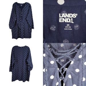 Lands End Dress Womens Plus 2X Blue Polka Dot Cotton Stretch Knit Tunic